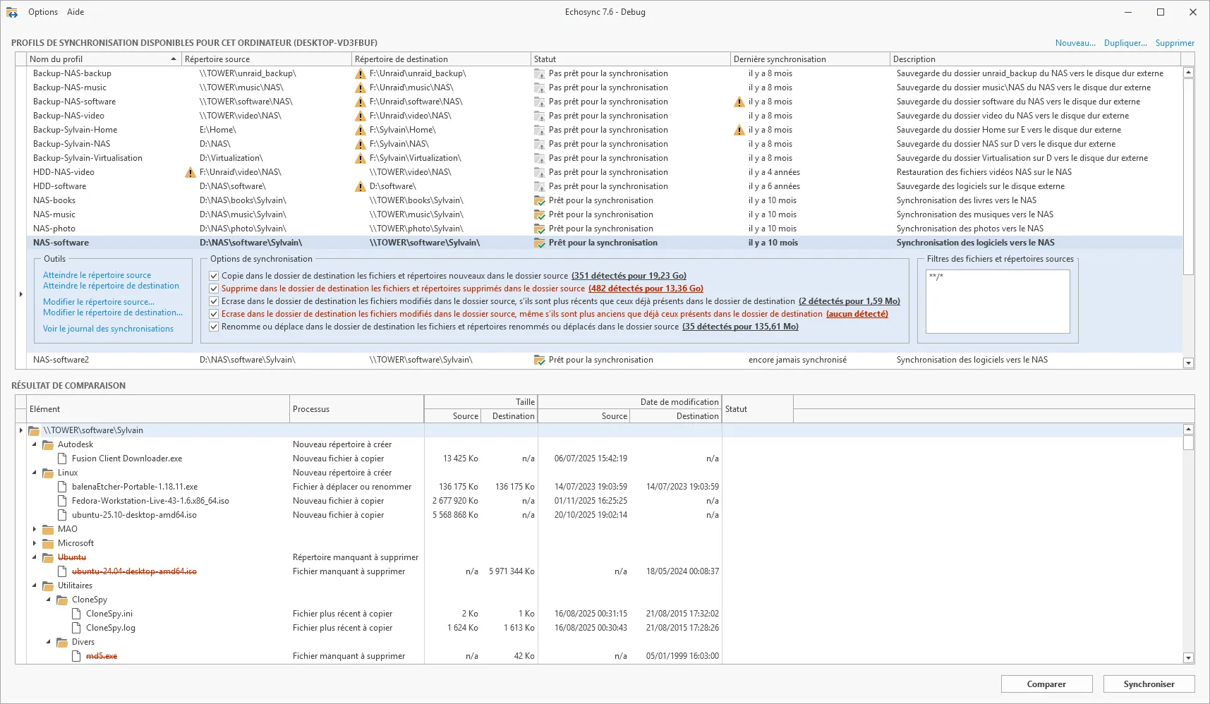 Capture d'écran de l'interface d'Echosync