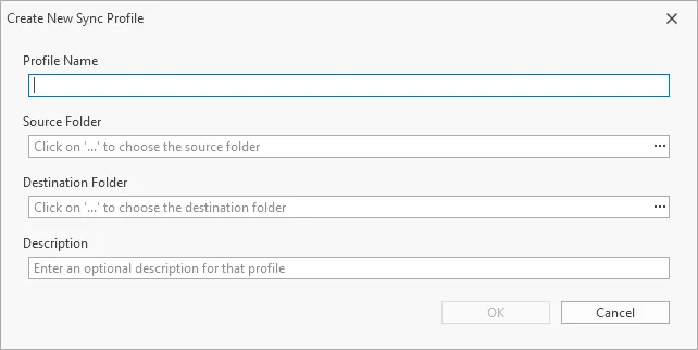 Window for creating a new synchronization profile