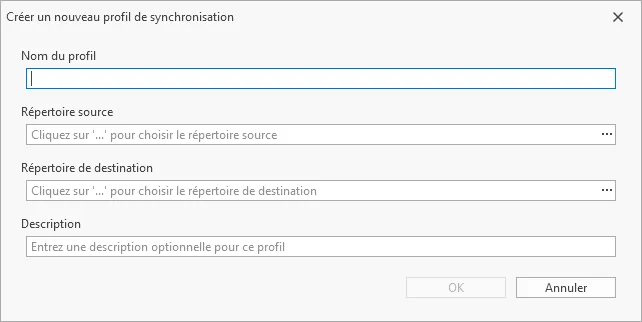 Fenêtre de création d'un nouveau profil de synchronisation