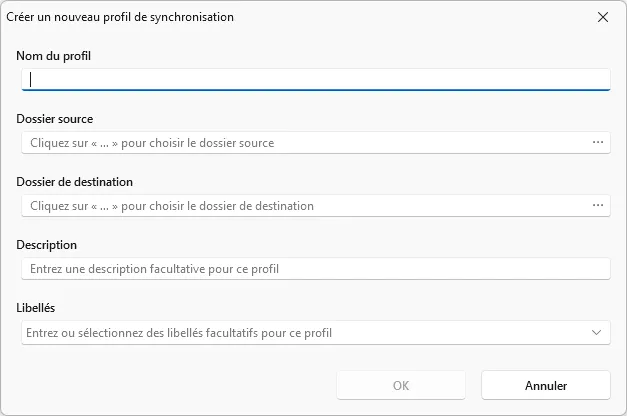 Fenêtre de création d'un nouveau profil de synchronisation